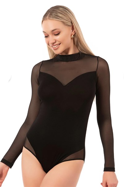 Kadın Ring Viskon Balıkçı Yaka Uzun Kollu Çıtçııtlı Body | Siyah 25633