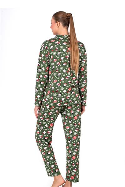 Lizbon Kumaş İçi Şardonlu Yeşil Kış Desenli Önden Düğmeli Kadın Pijama Takımı