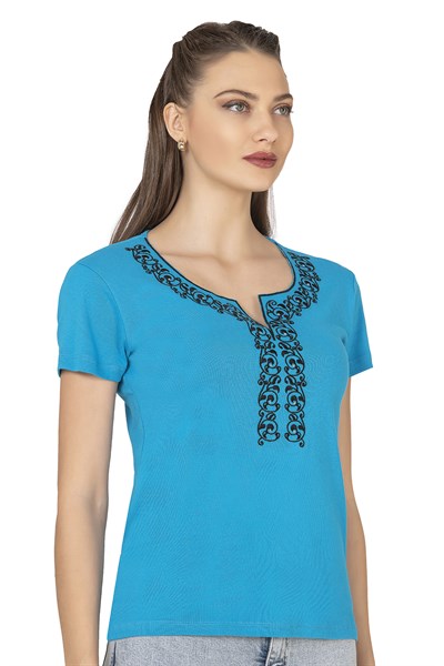 Kadın Nakış Detaylı Kısa Kol Pamuklu Bluz | Turkuaz 21191