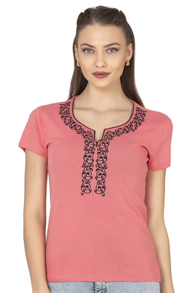 Kadın Nakış Detaylı Kısa Kol Pamuklu Bluz | Somon 21191