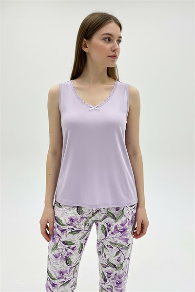 Kadın % 100 Ring Viskon V Yaka Altı Desenli Kalın Askılı Pijama Takımı | Lila 40108-3346