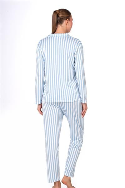 Mavi Çizgili Lizbon Kumaş İçi Şardonlu Önden Düğmeli Kadın Pijama Takımı