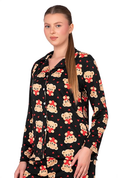 Lizbon Kumaş Siyah Ayıcık Desenli Önden Düğmeli Kadın Pijama Takımı