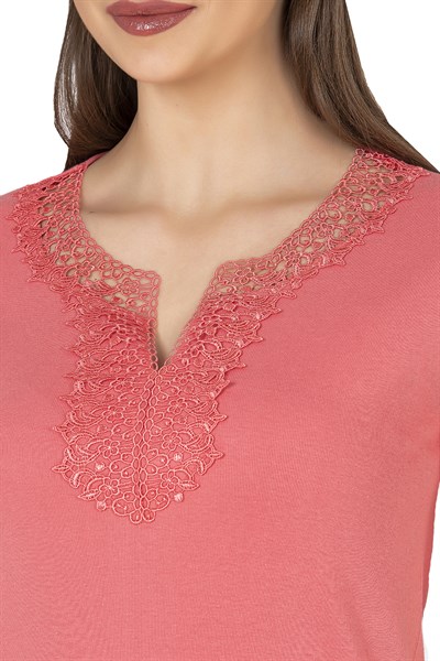 Kadın Ribana Güpürlü Kısa Kol Pamuklu Bluz | Somon 2175