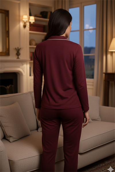 Kadın Pamuklu Süprem Önden Düğmeli Biyeli Pijama Takımı | Bordo 127