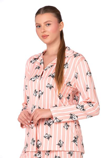 Lizbon Kumaş İçi Şardonlu Somon Panda Desenli Çizgili Önden Düğmeli Kadın Pijama Takımı