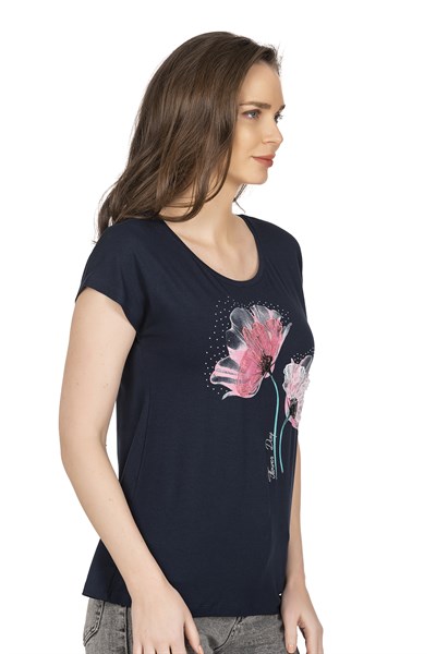 Kadın Viskon Desenli Kısa Kol Bluz | Lacivert 25865