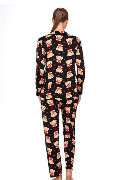 Lizbon Kumaş Siyah Ayıcık Desenli Önden Düğmeli Kadın Pijama Takımı