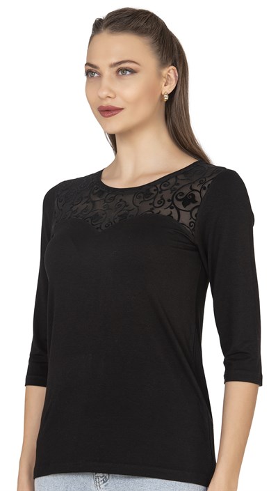 Kadın Transparan Yaka Garnili Bluz | Siyah 25250