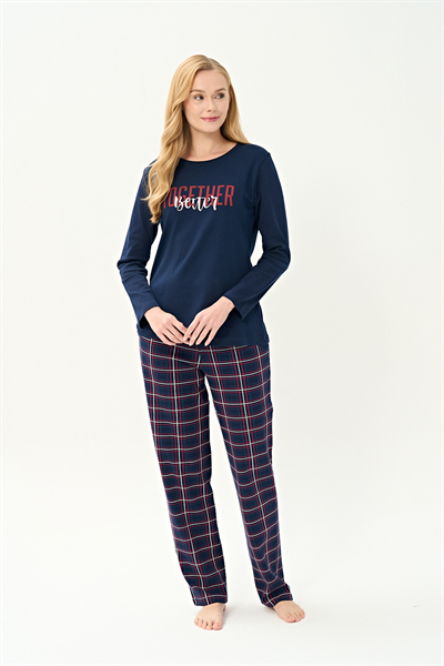 Kadın İnterlok Eşli Bisiklet Yaka Pijama Takım | Lacivert 3251