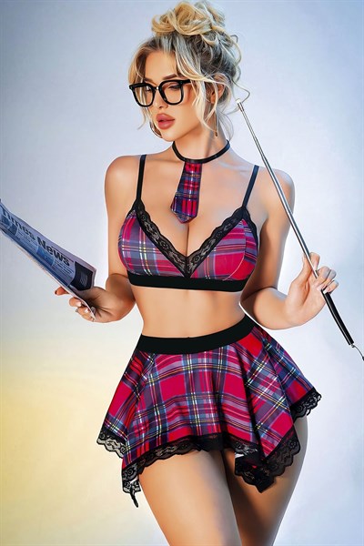 Ekoseli Temalı Dantel Detay Mini Etekli Fantezi Kostüm | 3832