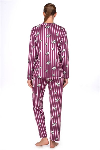 Lizbon Kumaş Mürdüm Panda Desenli Çizgili Önden Düğmeli Kadın Pijama Takımı
