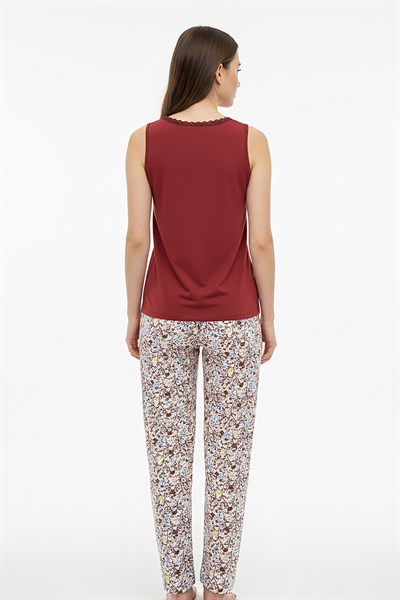 Kadın % 100 Ring Viskon V Yaka Altı Desenli Kalın Askılı Pijama Takımı | Kiremit 40108-4770