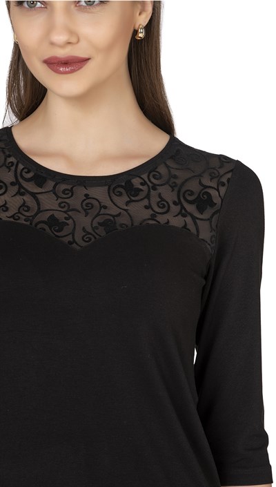 Kadın Transparan Yaka Garnili Bluz | Siyah 25250