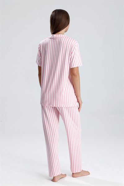 Kadın Kısa Kollu Dikey Çizgili Pijama Takım | Pembe