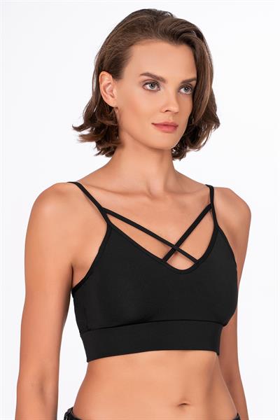 Çapraz İp Detaylı İnce Askı Sporcu Sütyen | Siyah