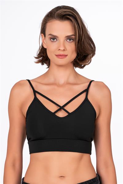 Çapraz İp Detaylı İnce Askı Sporcu Sütyen | Siyah