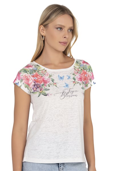Kadın Floral Desenli Yazı Detaylı Bluz | Ekru 25792