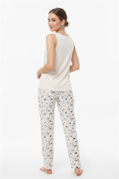 Kadın % 100 Ring Viskon V Yaka Altı Desenli Kalın Askılı Pijama Takımı | Bej 40108-4649