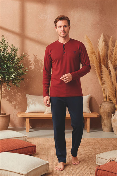 Erkek Patlı Yaka Kareli Pamuklu Pijama Takımı | Bordo