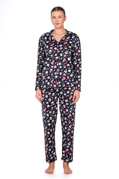 Lizbon Kumaş İçi Şardonlu Lacivert Kış Desenli Önden Düğmeli Kadın Pijama Takımı