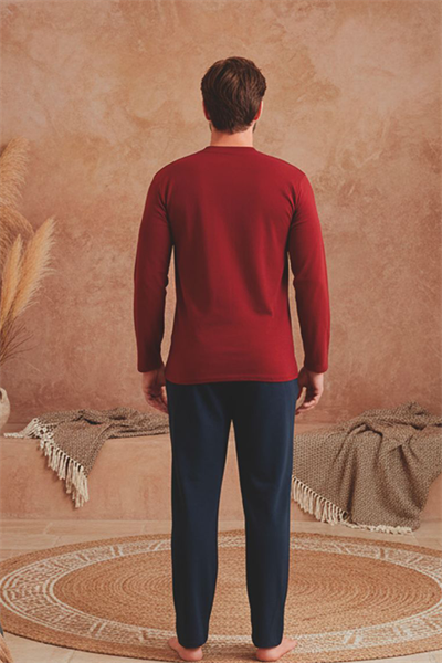 Erkek Patlı Yaka Kareli Pamuklu Pijama Takımı | Bordo
