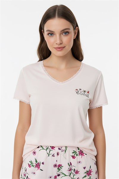 Kadın % 100 Ring Viskon V Yaka Altı Desenli Kısa Kol Pijama Takımı | Pembe 40113-4119