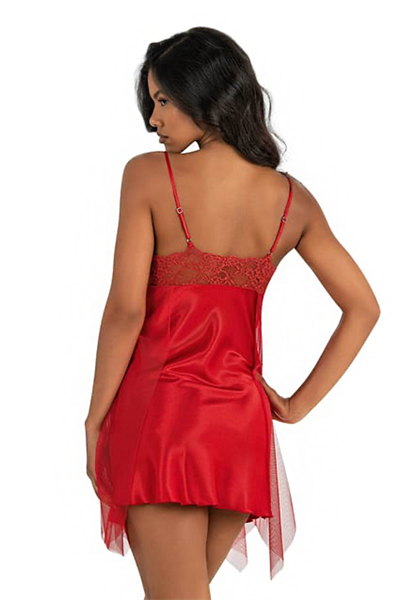 Kadın Saten Transparan Dantel Tül Detay Gecelik | Kırmızı 8243