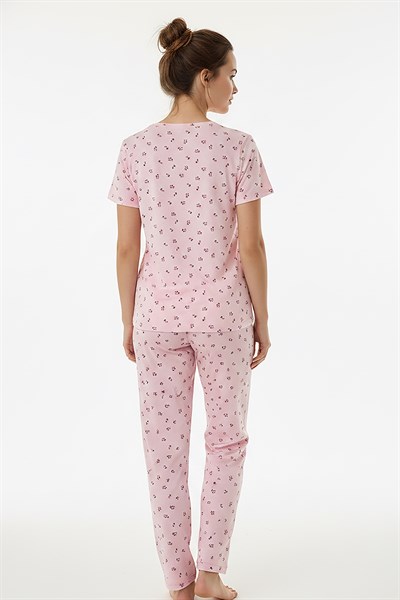 Kadın Bisiklet Yaka Yumuşak Dokulu Çiçek Desenli Kısa Kol pijama Takım | Pembe 70132-267