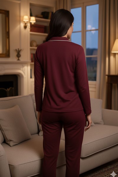 Kadın Pamuklu Süprem Önden Düğmeli Biyeli Pijama Takımı | Bordo 127