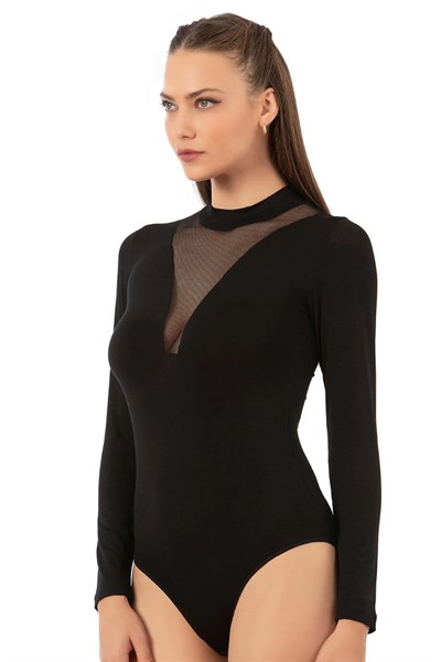 Kadın Ring Viskon Balıkçı Yaka Uzun Kollu Çıtçııtlı Body | Siyah 25783