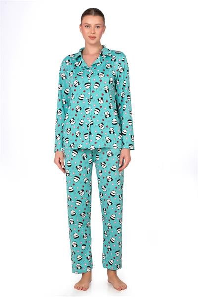 Lizbon Kumaş Turkuaz Panda Desenli Önden Düğmeli Kadın Pijama Takımı