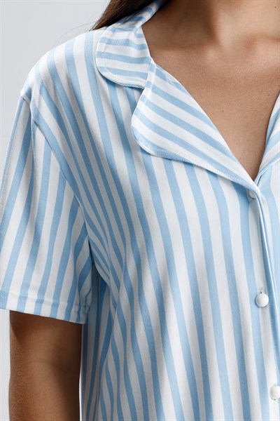 Kadın Kısa Kollu Dikey Çizgili Pijama Takım | Mavi