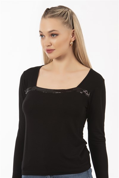 Kadın Viskon Pul Nakışlı Uzun Kol Bluz | Siyah 7429