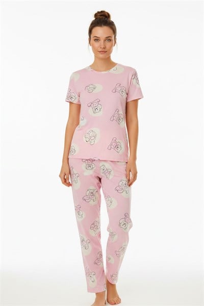 Kadın Bisiklet Yaka Yumuşak Dokulu Ayıcık Desenli Kısa Kol pijama Takım | Pembe 70132-4680
