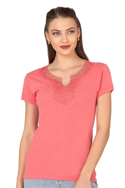 Kadın Ribana Güpürlü Kısa Kol Pamuklu Bluz | Somon 2175