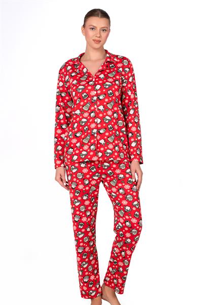 Lizbon Kumaş İçi Şardonlu Kırmızı Kış Desenli Önden Düğmeli Kadın Pijama Takımı