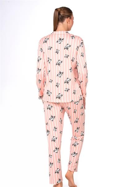 Lizbon Kumaş İçi Şardonlu Somon Panda Desenli Çizgili Önden Düğmeli Kadın Pijama Takımı