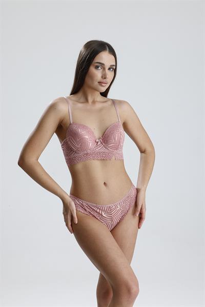 Dantel Çiçek Motifli Destekli Büstiyer Takım | Pembe 667