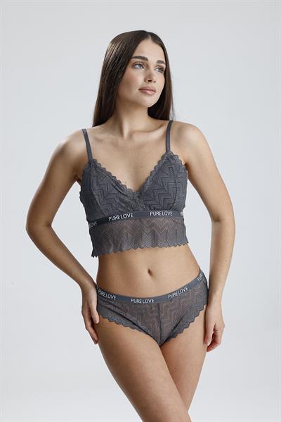 Dantelli Yazı Detay Desteksiz Bralet Takım | Gri 285