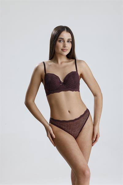Dantel Motifli Cut Out Destekli Sütyen Takım | Mürdüm  210