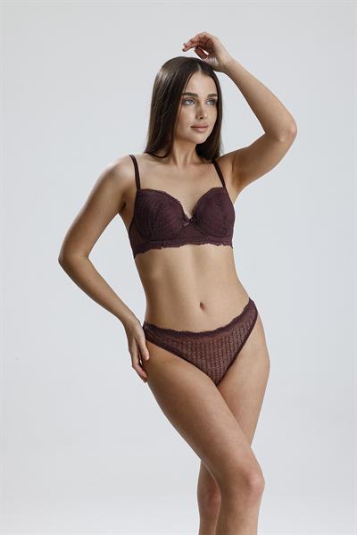 Dantel Motifli Cut Out Destekli Sütyen Takım | Mürdüm  210