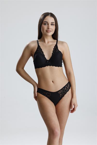 Dantel Jakarlı Destekli Sütyen Takım | Siyah 665