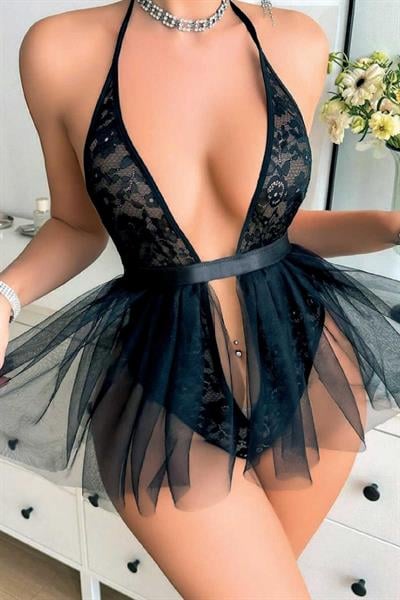 Dantelli Tül Detaylı Fantezi Body | Siyah 7023