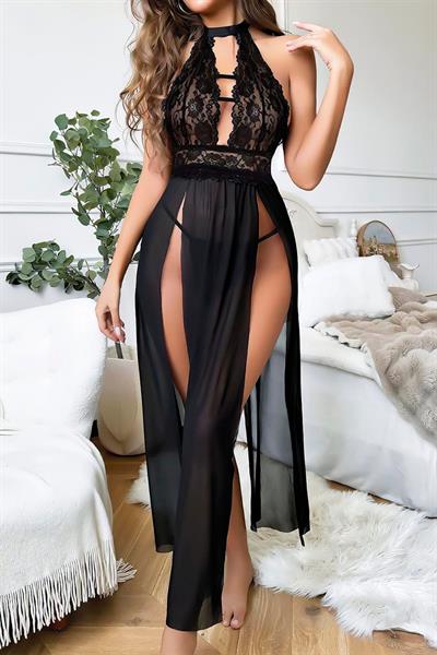 Dantelli Tül Uzun Fantezi Uzun Gecelik | Siyah 3732