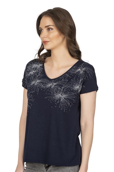 Kadın Işıltı Taş Detaylı Desenli Viskon Bluz | Lacivert  25501