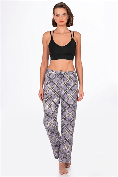 Kadın Süet Mor Kareli Desen Pijama Tek Alt