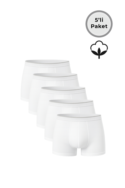 5li Paket Erkek Pamuklu Likralı Esnek Rahat Boxer Şort | Beyaz K11226