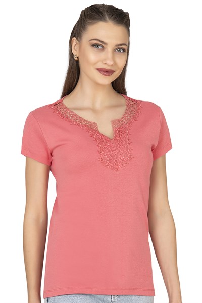 Kadın Ribana Güpürlü Kısa Kol Pamuklu Bluz | Somon 2175