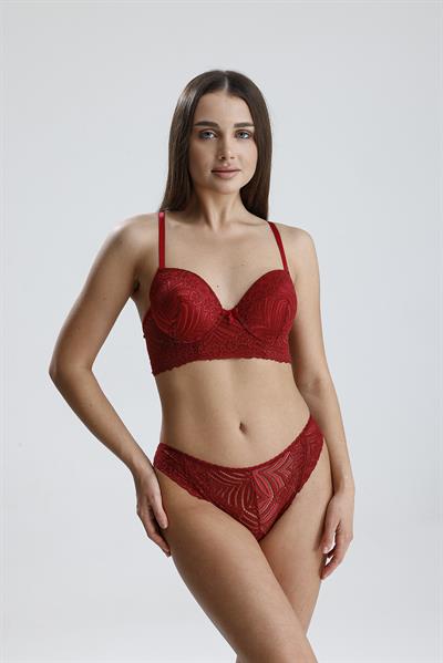 Dantel Çiçek Motifli Destekli Büstiyer Takım | Bordo 667